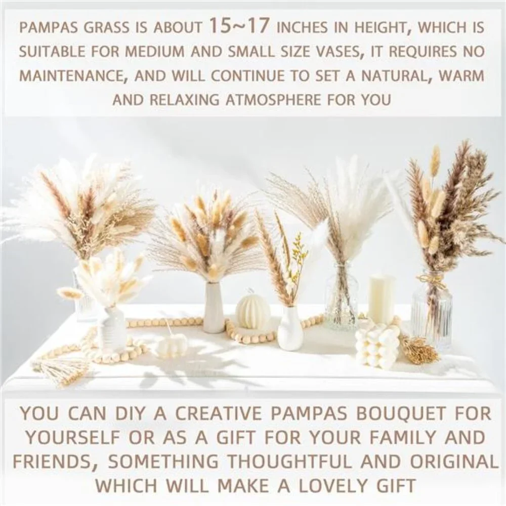 New 96PCS Dried Pampas Grass -Boho Bouquet for Home Decor & Wedding Arrangements